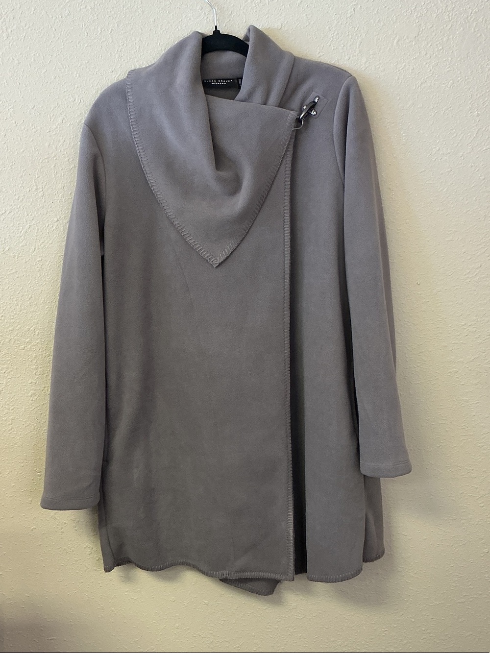 Susan Graver Light Gray Fleece Draped Shawl-Collar Jacket